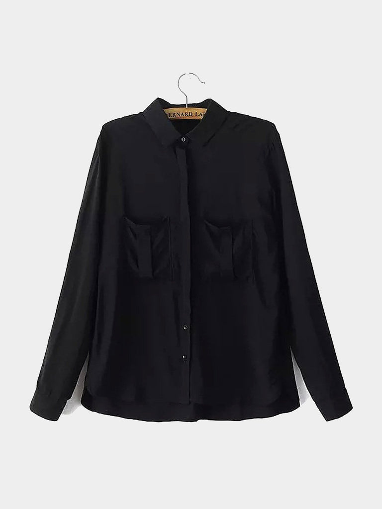 Classic Collar Two Large Pockets Long Sleeve Curved Hem Black Blouses