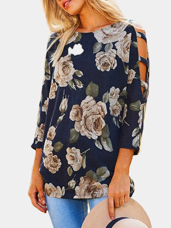 Cold Shoulder Floral Print Lace-Up 3/4 Sleeve Top