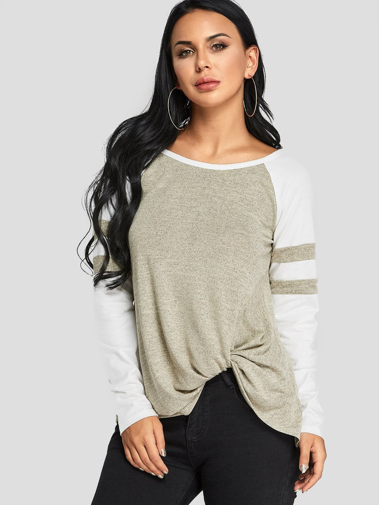 Round Neck Stripe Tie-Up Twist Long Sleeve T-Shirts