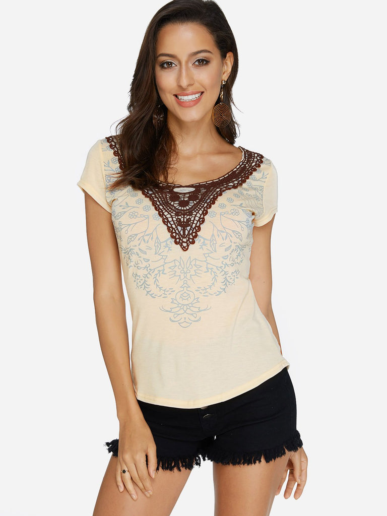 Round Neck Floral Print Lace Short Sleeve Top