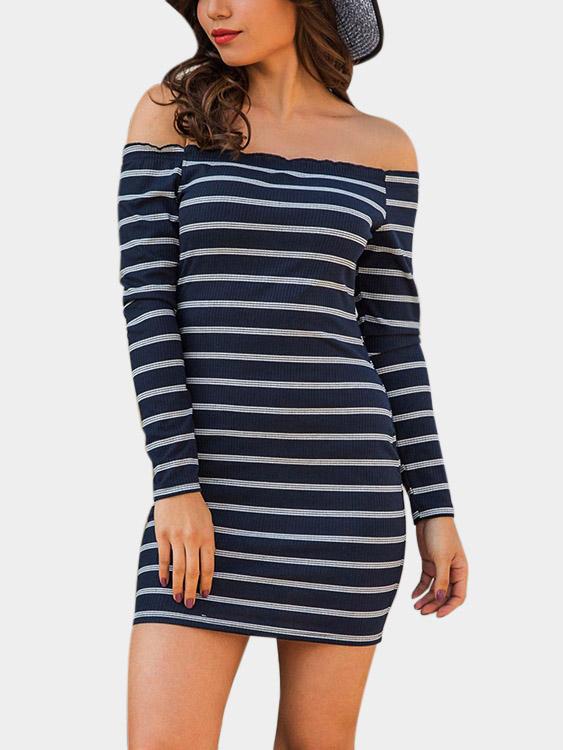 Off The Shoulder Stripe Cable Knit Long Sleeve Navy Dress
