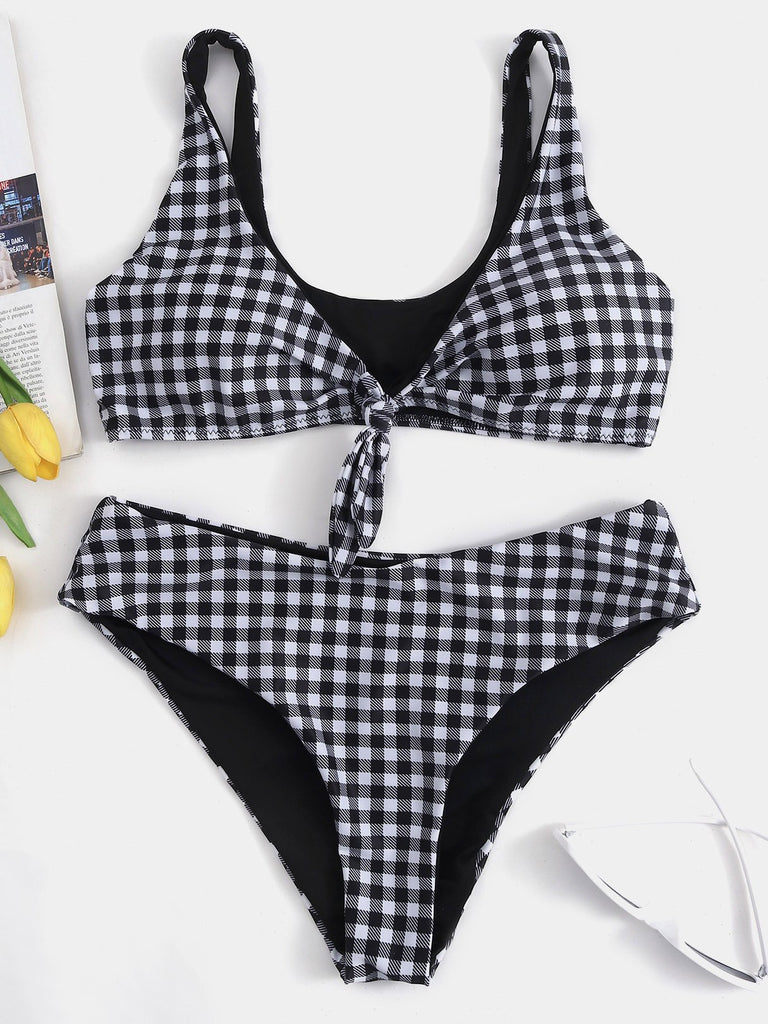 Grid V-Neck Sleeveless Grid Bikini Set Swimwear