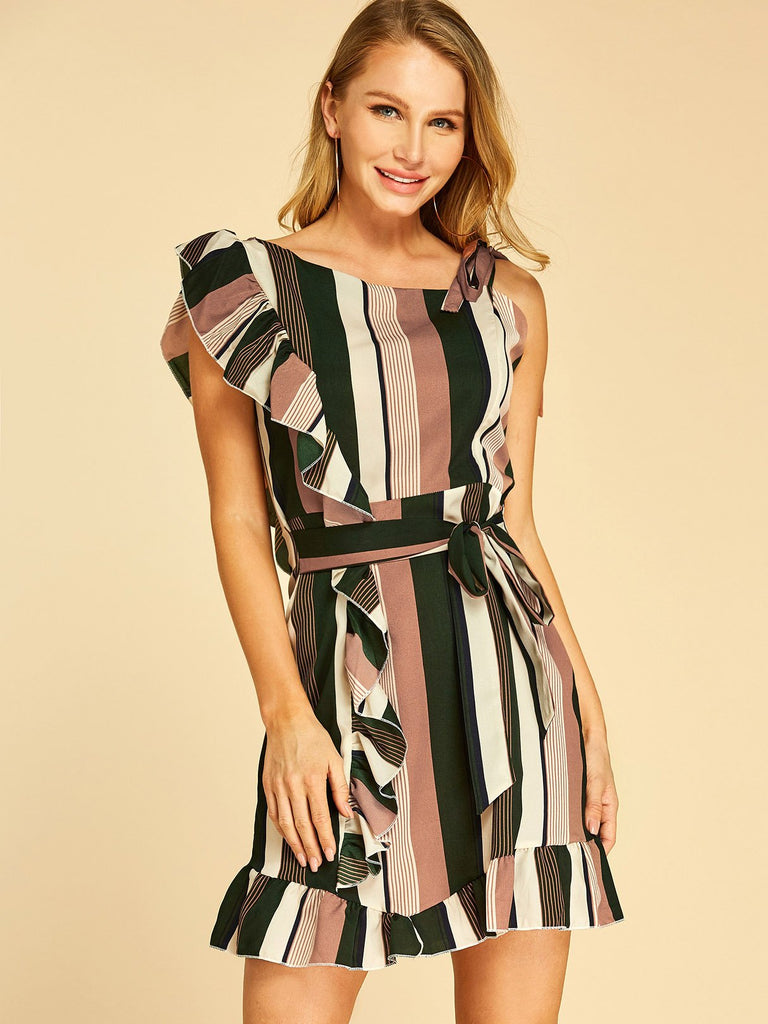 One Shoulder Sleeveless Stripe Self-Tie Ruffle Hem Mini Dresses