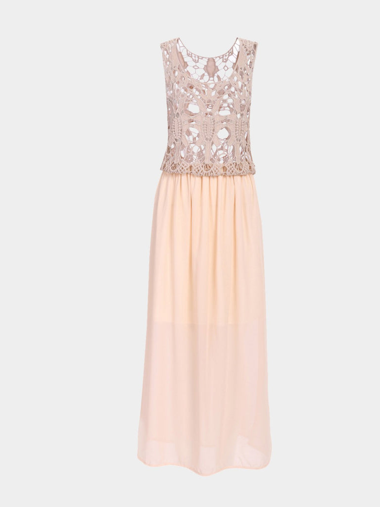 Beige Sleeveless Lace Maxi Dress