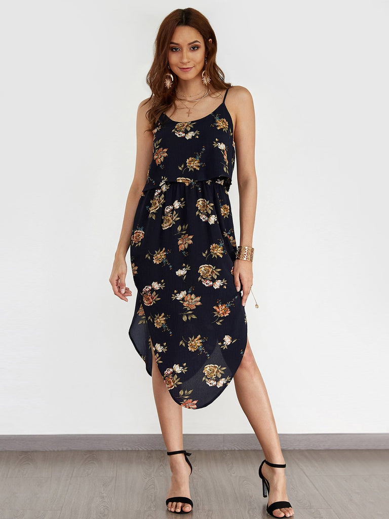 Navy Round Neck Sleeveless Floral Print Backless Curved Hem High-Waisted Dresses