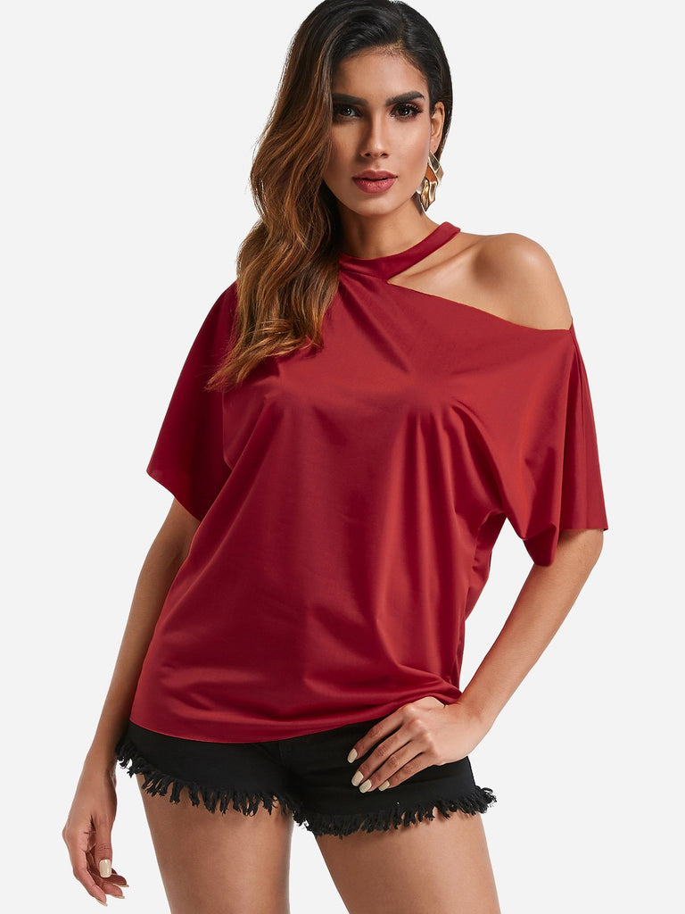 One Shoulder Cut Out Short Sleeve Red Top