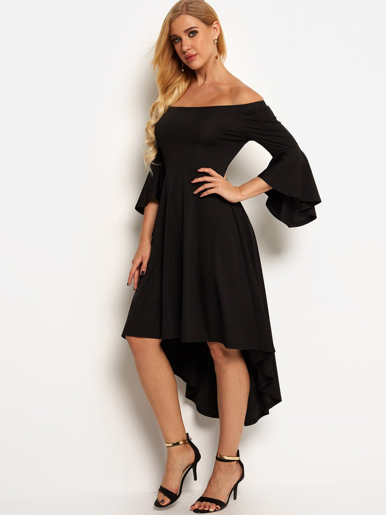 Black Off The Shoulder 3/4 Length Sleeve High-Low Hem Dresses