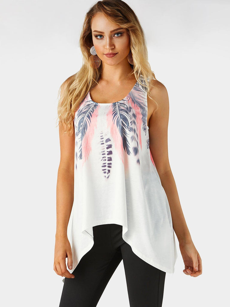 Round Neck Floral Print Sleeveless White Tank Top