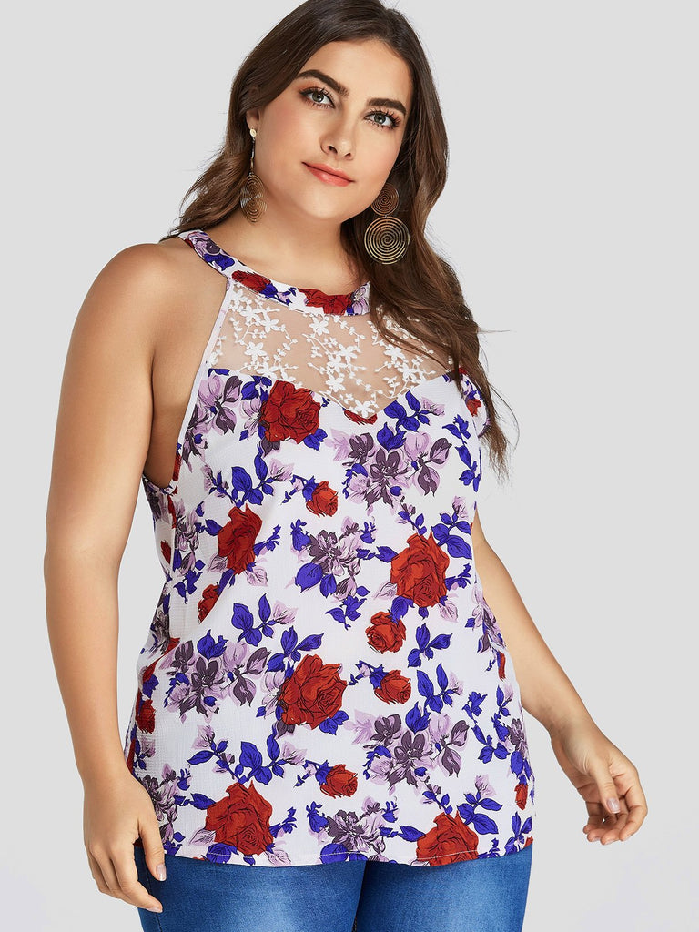 Halter Floral Print See Through Sleeveless Plus Size Tops