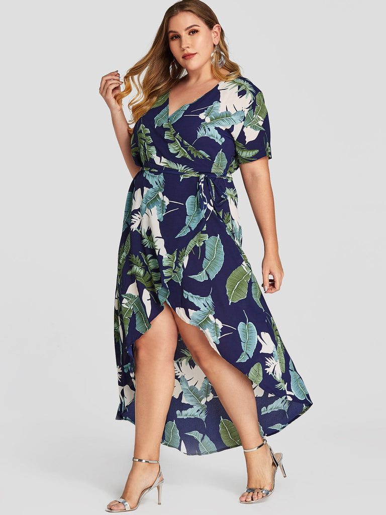 V-Neck Wrap Short Sleeve Asymmetrical Hem Navy Plus Size Dress