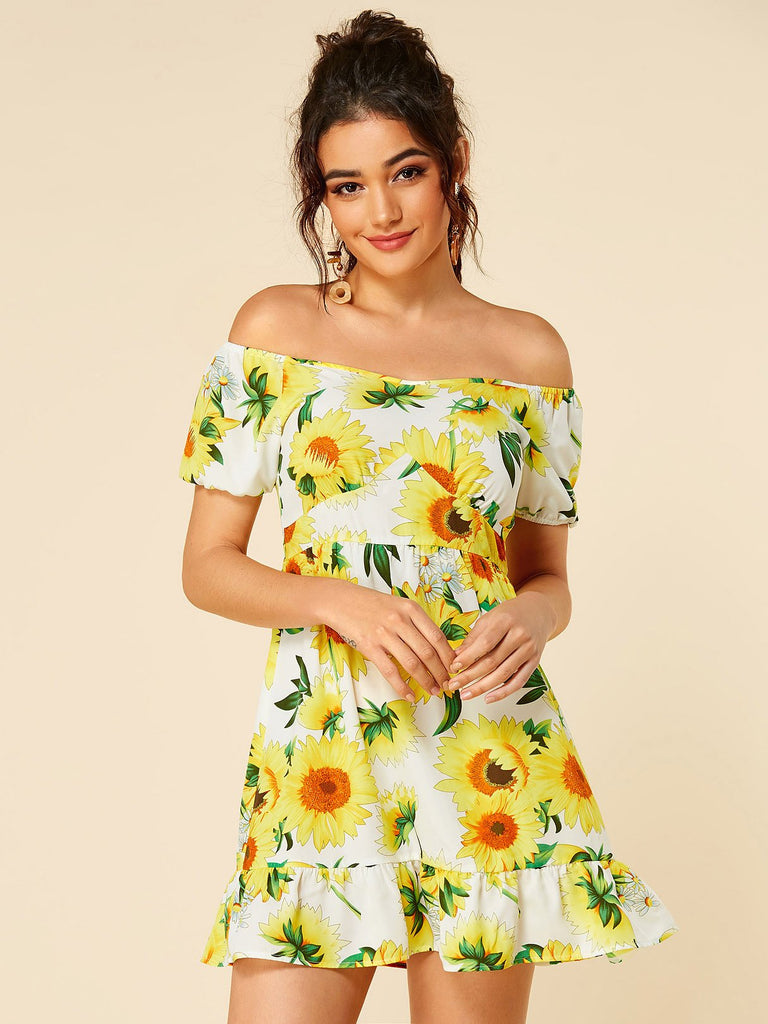 Off The Shoulder Short Sleeve Floral Print Backless Flounced Hem Dresses