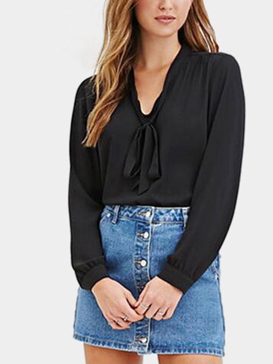 V-Neck Long Sleeve Black Blouses