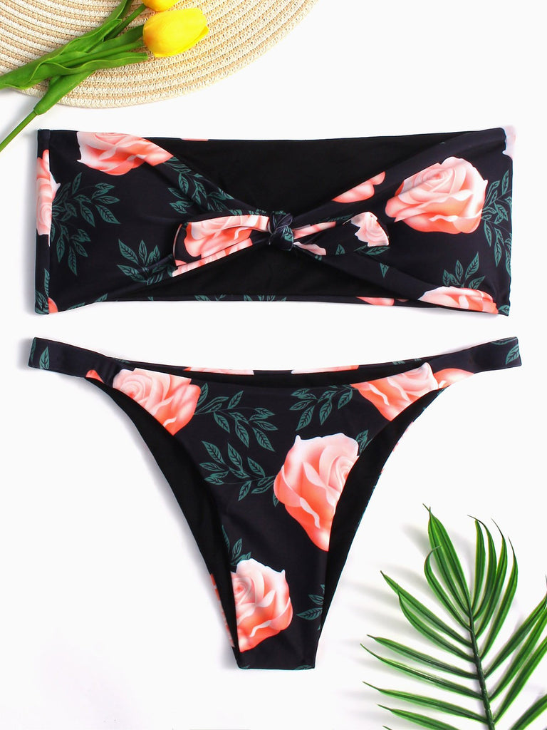 Black Strapless Sleeveless Floral Print Bowknot 2 Piece Bikinis