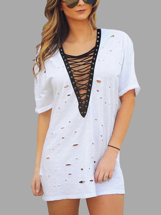 V Neck Short Sleeve Random Ripped Lace Up Mini Dress