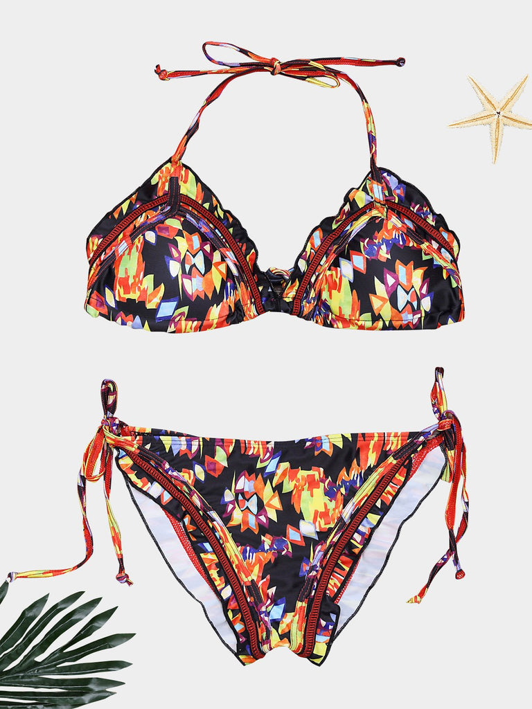 V-Neck Sleeveless Fantasy Colour Backless Two Piece Bikinis