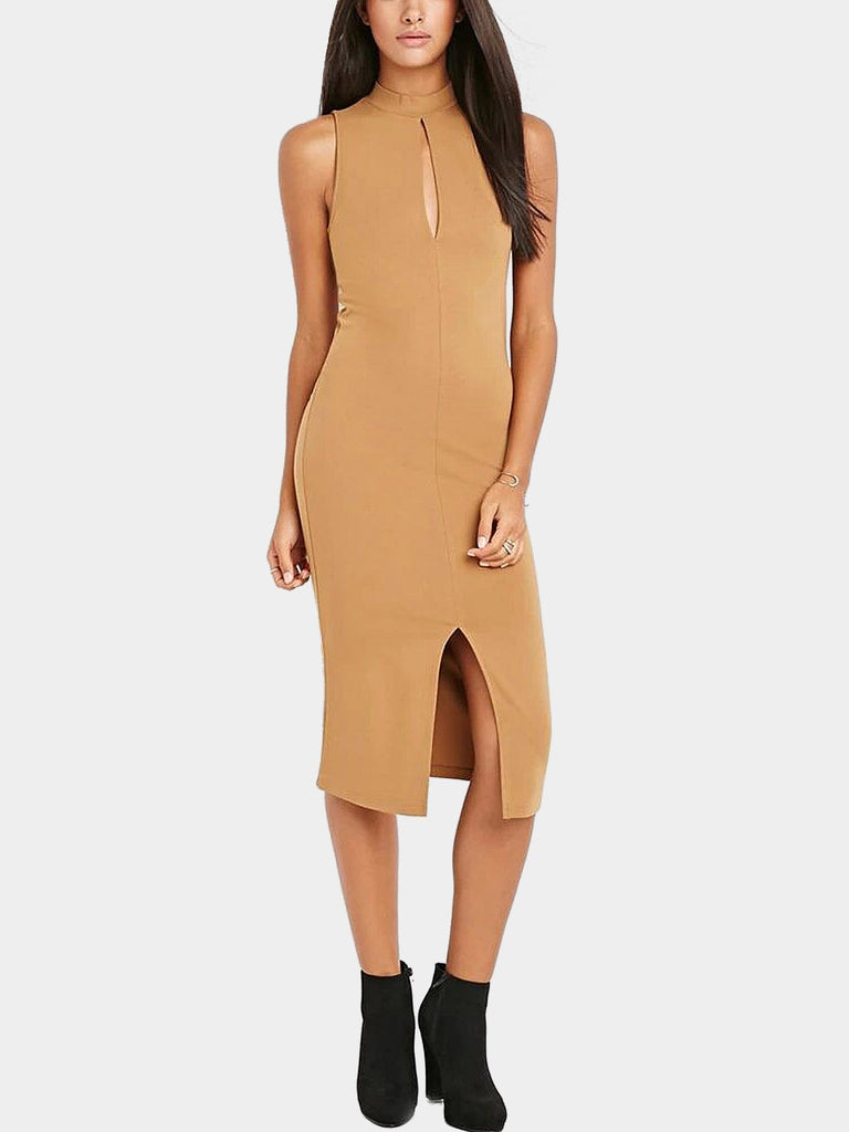 Khaki High Neck Sleeveless Plain Slit Hem Dresses