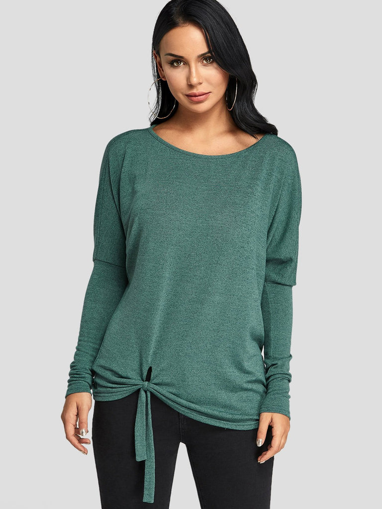 Round Neck Self-Tie Long Sleeve Green Top