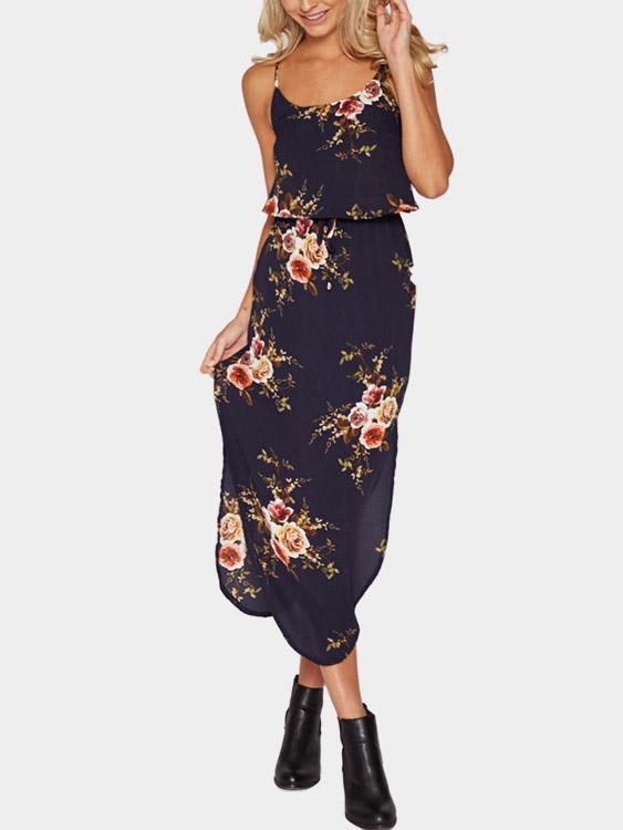 Navy Sleeveless Floral Print Dresses