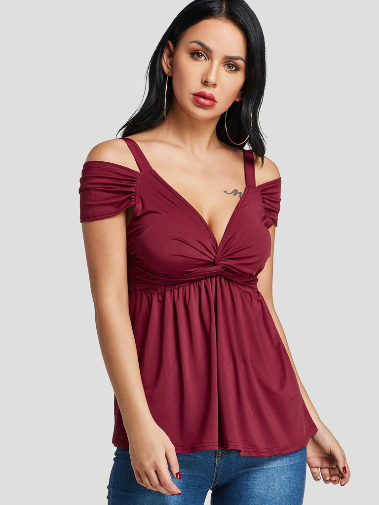Cold Shoulder Pleated Twist Short Sleeve Top