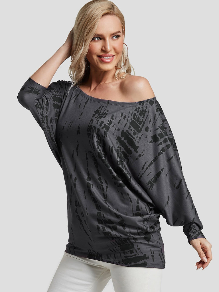 One Shoulder Printed 3/4 Sleeve Dark Grey T-Shirts