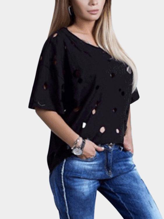 One Shoulder Hollow Half Sleeve Black T-Shirts