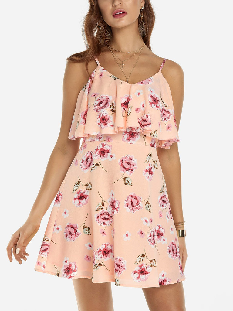 Pink V-Neck Sleeveless Floral Print Backless Spaghetti Strap Flounced Hem Mini Dress