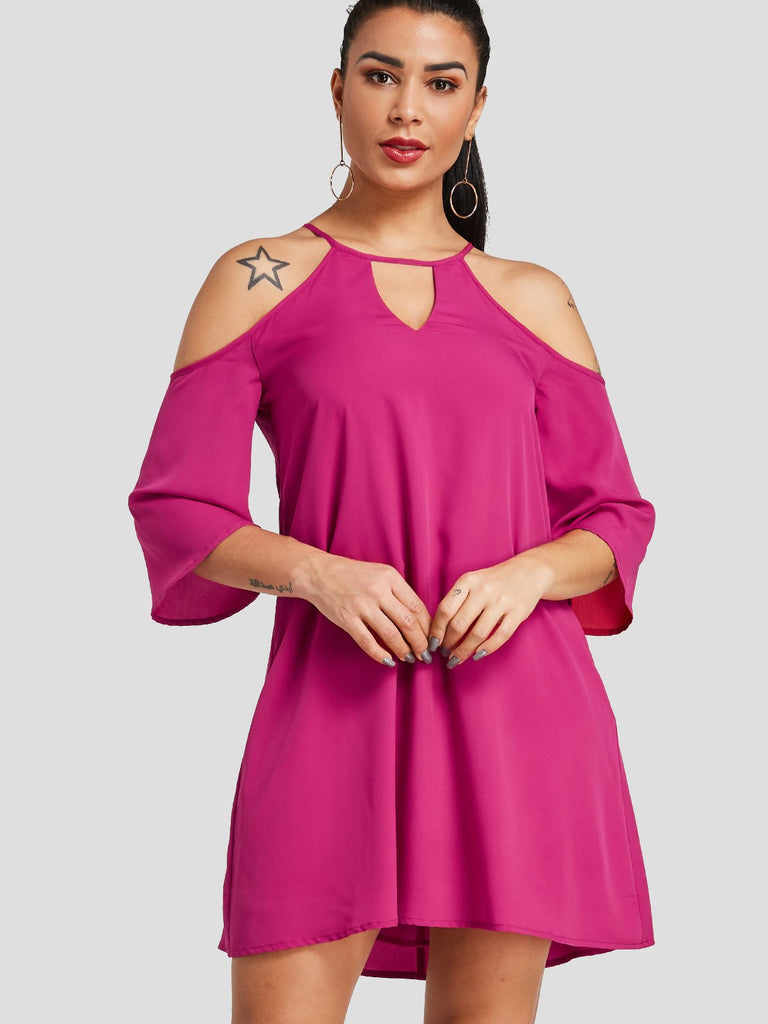 Fuchsia Cold Shoulder 3/4 Length Sleeve Plain Cut Out Casual Dress