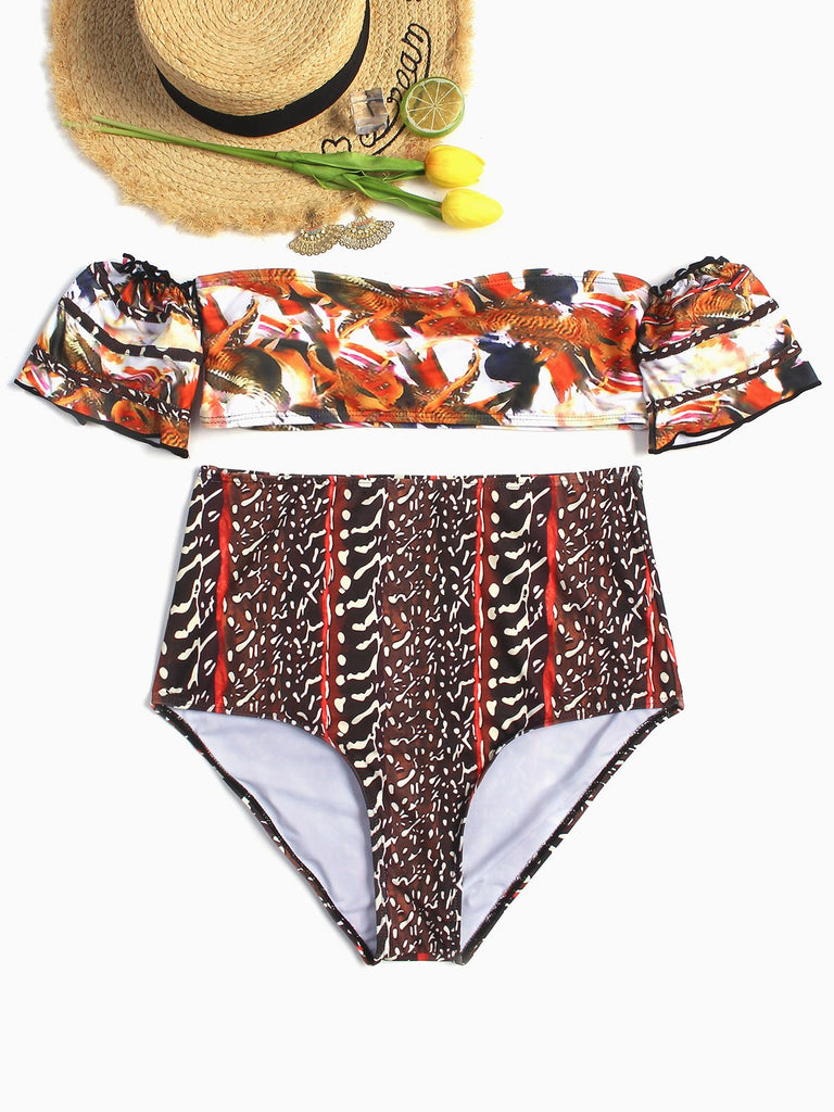 Red Off The Shoulder Sleeveless Floral Print Two Piece Bikinis