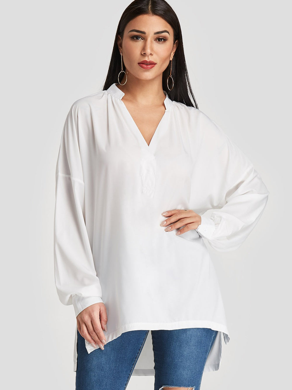 V-Neck Slit Long Sleeve High-Low Hem White T-Shirts