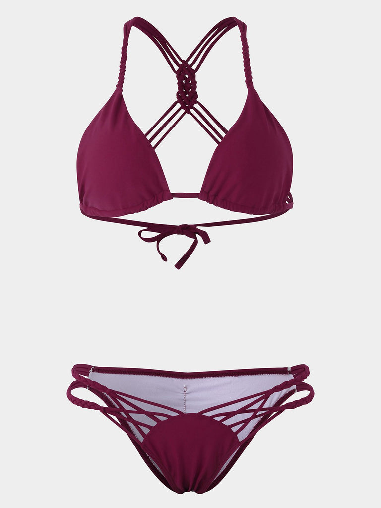 Burgundy Sleeveless Lace-Up Low-Waisted Swimwears Bikinis