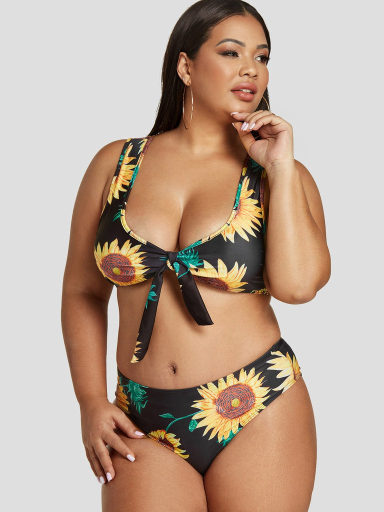 Scoop Neck Floral Print Sleeveless Black Plus Size Swimwear