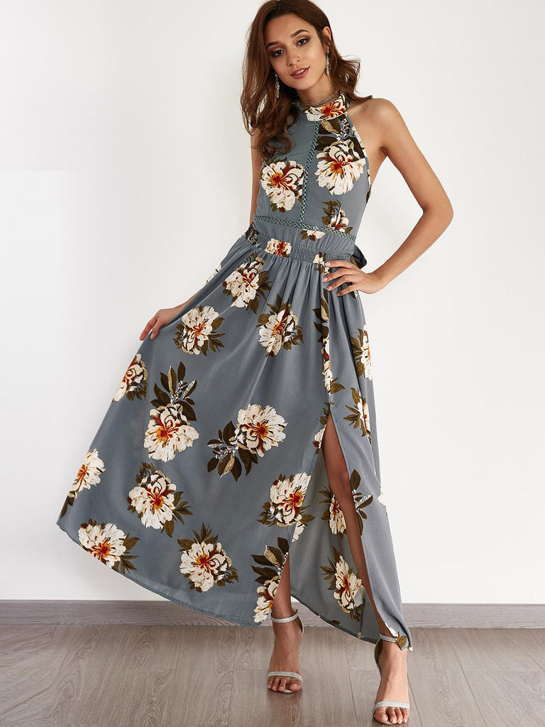 Grey Halter Sleeveless Floral Print Backless Self-Tie Slit Hem Dresses