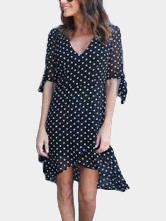 Black V-Neck Half Sleeve Polka Dot Lace-Up Irregular Hem Mini Dress