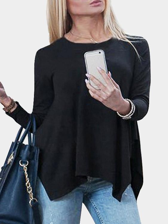 Round Neck Pleated Long Sleeve Irregular Hem Black T-Shirts