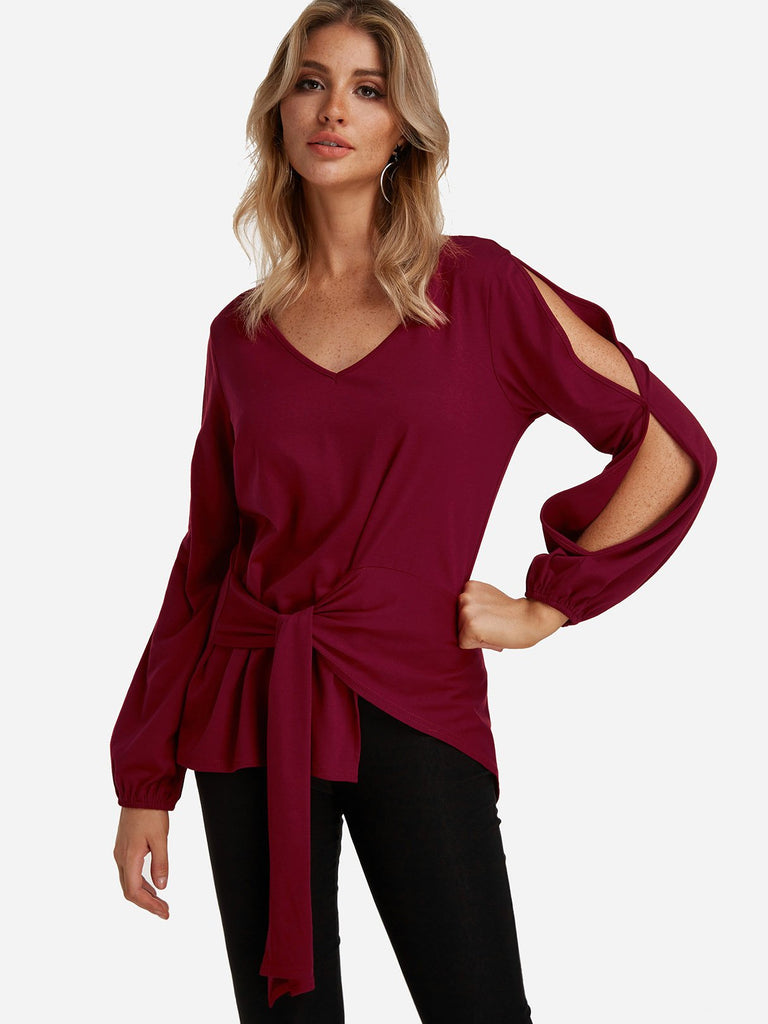 V-Neck Plain Slit Self-Tie Long Sleeve Irregular Hem Burgundy Top