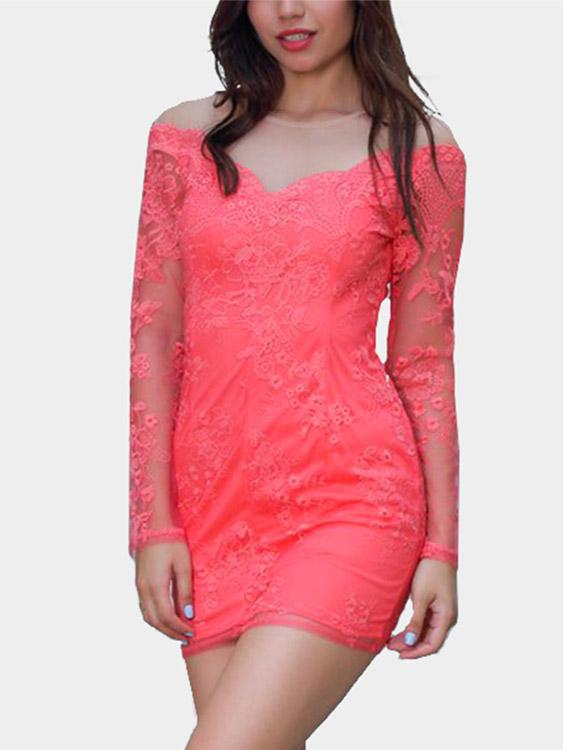 Orange Round Neck Long Sleeve Embroidered Lace Hollow Mini Dress