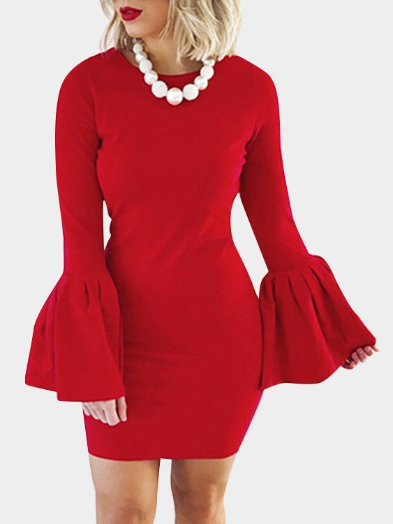 Round Neck Plain Red Mini Dress