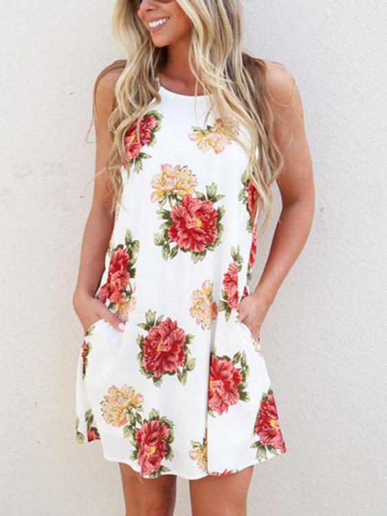 White Round Neck Floral Print Mini Dress