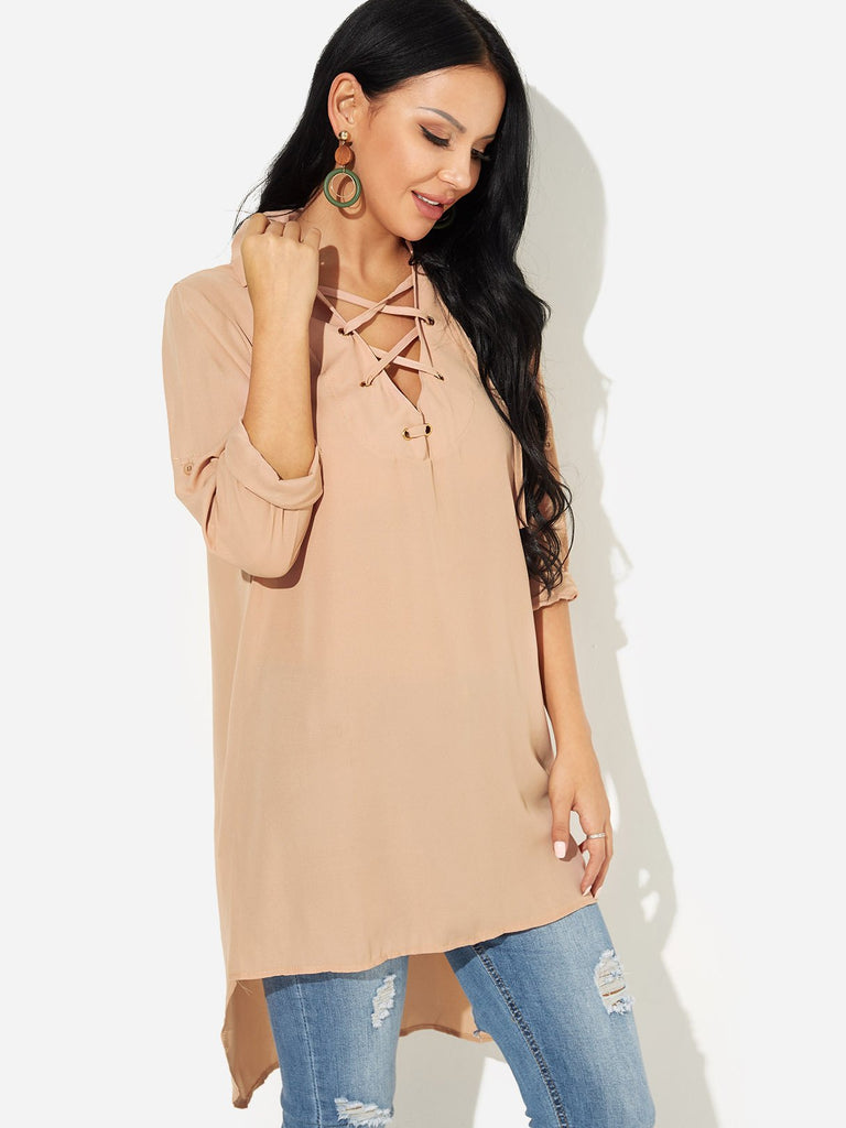 V-Neck 3/4 Length Sleeve Plain Lace-Up Irregular Hem Casual Dress