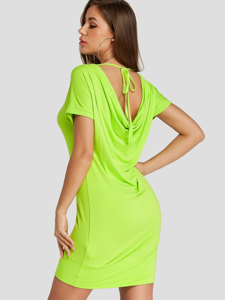 Neon Green Roll Neck Short Sleeve Self-Tie Bodycon Mini Dress