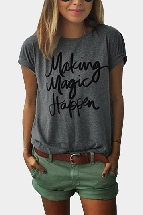 Round Neck Letter Short Sleeve Grey T-Shirts