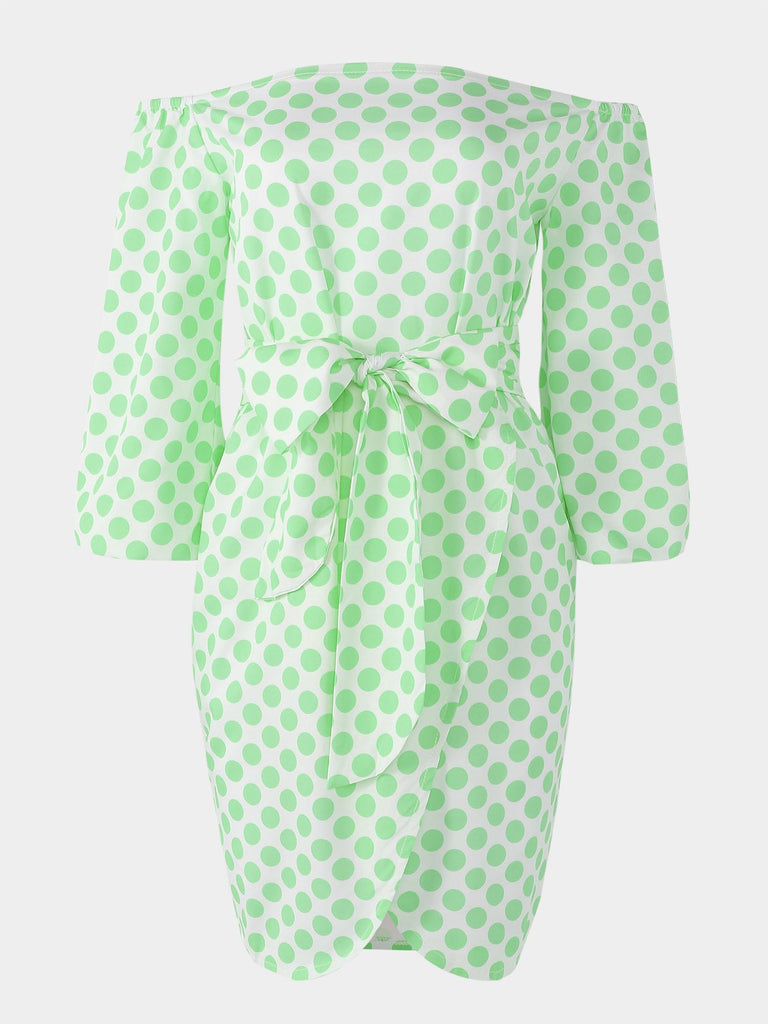 Green Off The Shoulder Polka Dot Self-Tie Slit Hem Mini Dress