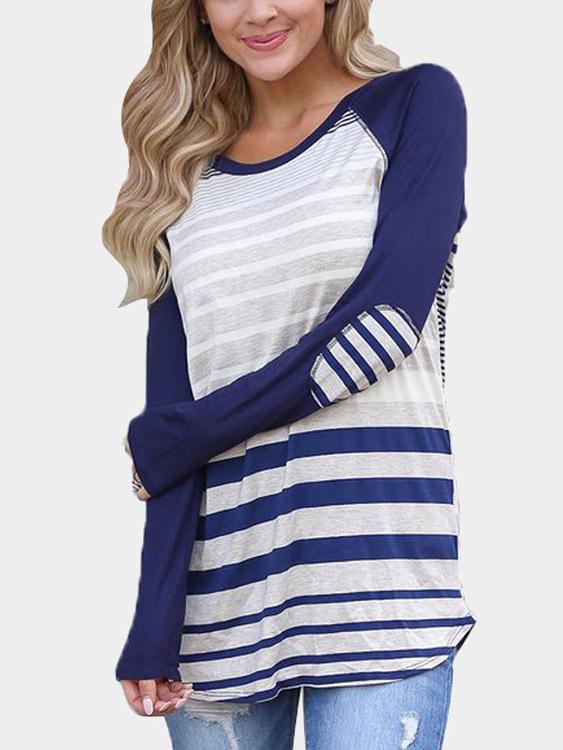 Round Neck Stripe Long Sleeve Curved Hem Blue T-Shirts