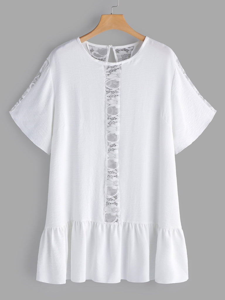 Round Neck Plain Lace Hollow Pleated See Through Short Sleeve Flounced Hem White Plus Size Tops