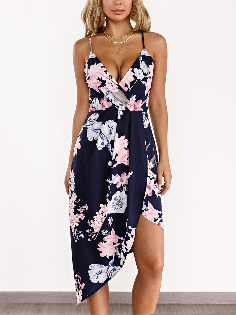 Navy Deep V Neck Sleeveless Floral Print Crossed Front Wrap Irregular Hem Dresses