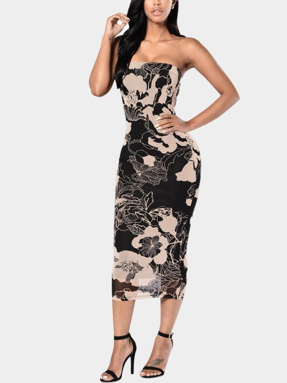 See-Through Bodycon Mesh Dresses With Floral Print Pattern