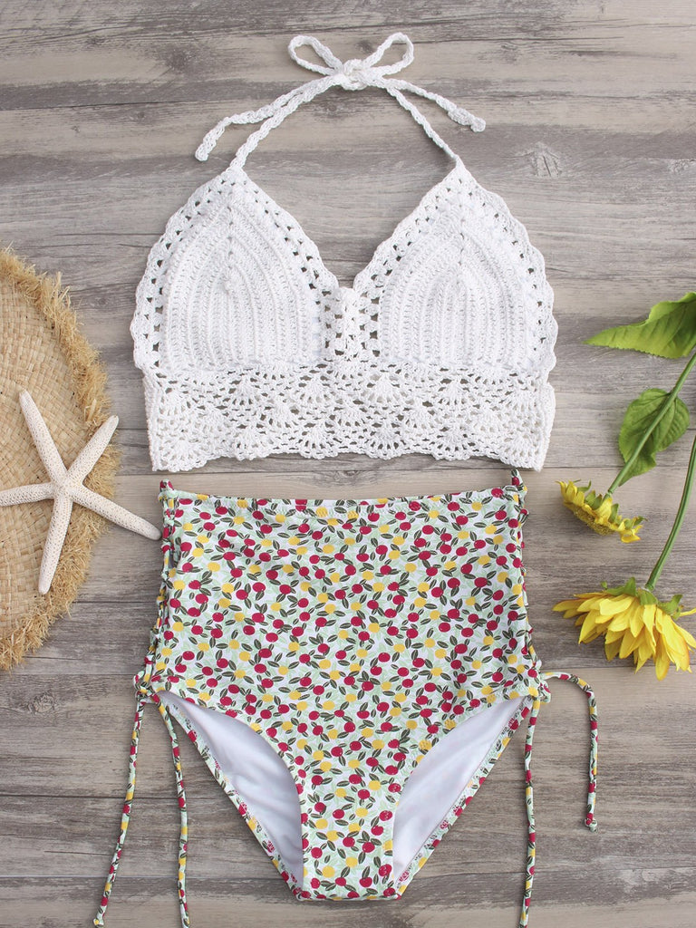 Halter V-Neck Crochet Lace Embellished Lace-Up Tie-Up Sleeveless High Waist 2 Piece Bikinis