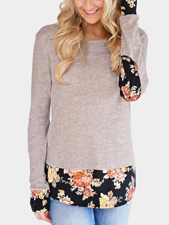 Light Khaki Round Neck Long Sleeve T-Shirts