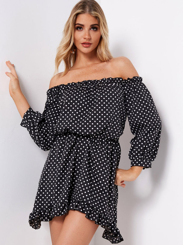 Black Off The Shoulder 3/4 Sleeve Length Polka Dot Dresses