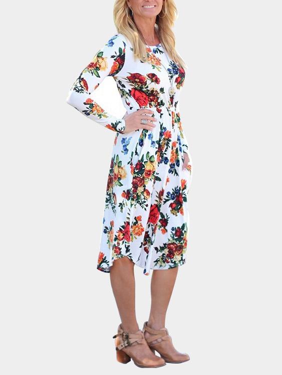 Round Neck Long Sleeve Floral Print Dresses